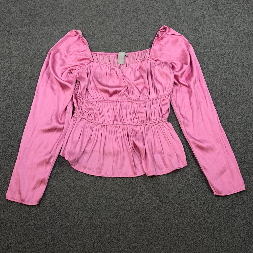 H&M Blouse Womens Small Pink Satin Smocked Peplum Puff Sleeve Square Neck Top